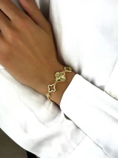 Bransoletka pancerka z koniczynkami Clover ze stali szlachetnej włoskie złoto 14k CRLVE