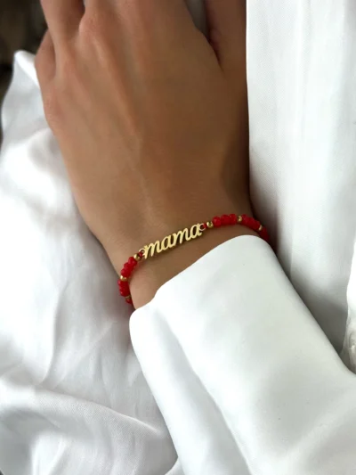 Bransoletka z napisem mama na czerwonym sznurku ze stali chirurgicznej 14k CRLVE