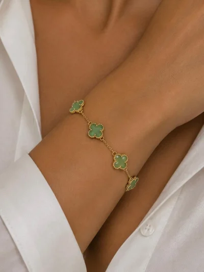 Bransoletka z zielonymi kryształowymi koniczynkami Clover ze stali szlachetnej włoskie złoto 14k CRLVE