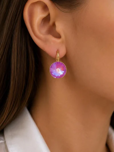 Kolczyki kryształki Swarovski Fuchsia delite na biglu angielskim ze stali szlachetnej 18k CRLVE