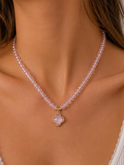 Naszyjnik z różowymi koralikami i koniczynką Clover ze stali szlachetnej włoskie złoto 14k CRLVE