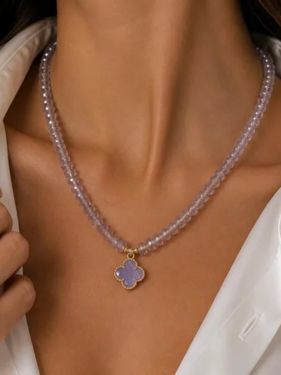Naszyjnik z fioletowymi koralikami i koniczynką Clover ze stali szlachetnej włoskie złoto 14k CRLVE