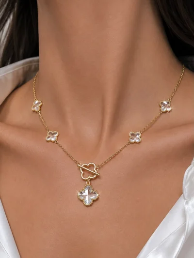 Naszyjnik z kryształowymi koniczynkami Clover na zapięciu toggle ze stali szlachetnej włoskie złoto 14k CRLVE